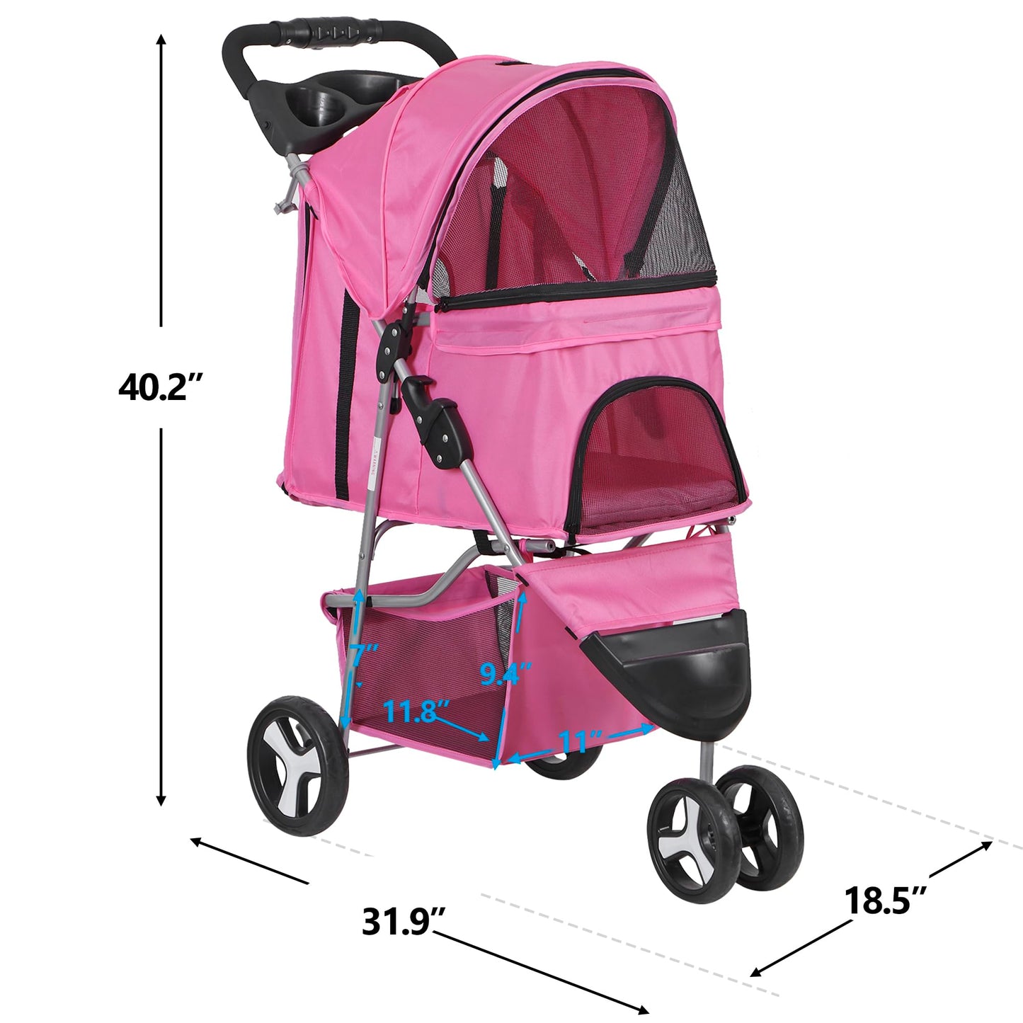 LEMY Foldable Pet Stroller,3 Wheels Cat/Dog Stroller with Weather Cover for Small/Medium Dogs and Cats,Pink Pet Strolling Cart with Storage Basket and Cup Holder