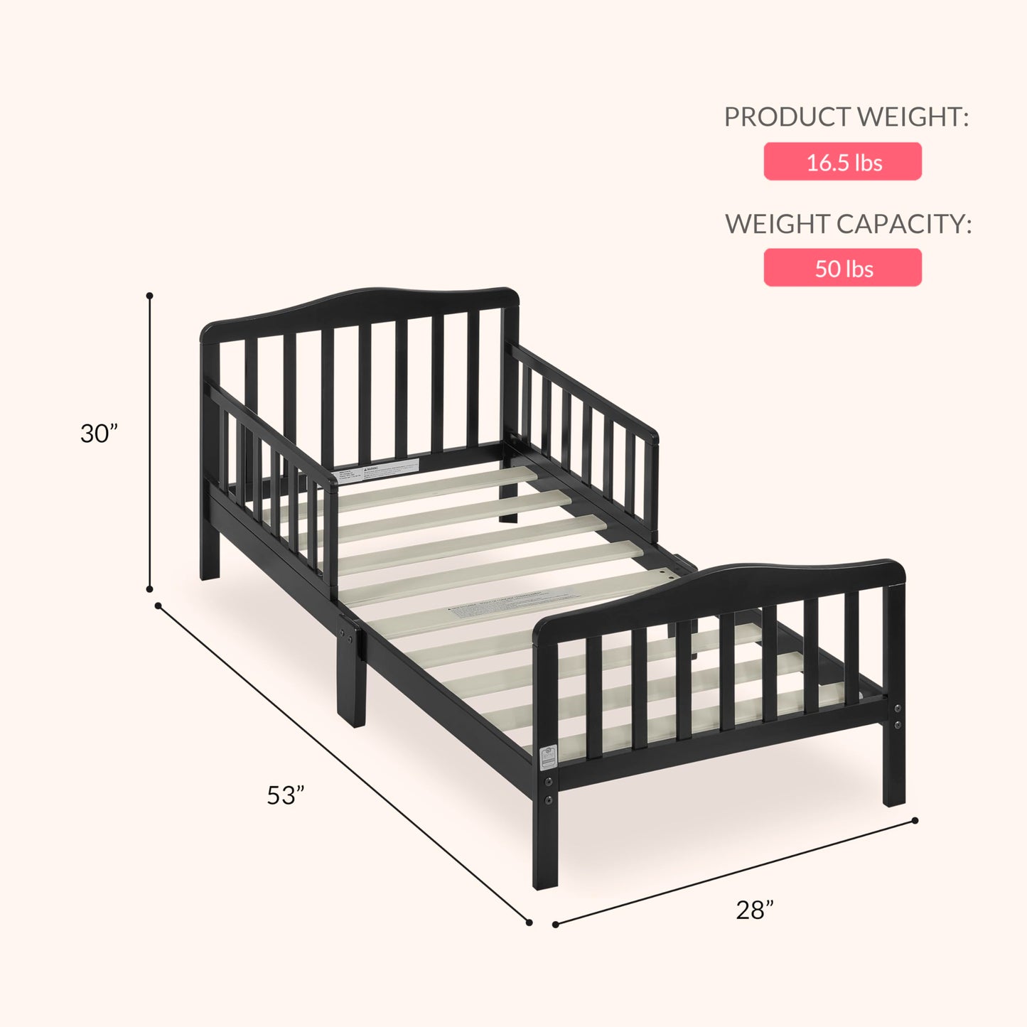 Dream On Me Classic Design Toddler Bed In Black, Greenguard Gold And JPMA Certified, Low To Floor Design, Two Side Safety rails, Non-Toxic Finishes, Wooden Nursery Furniture