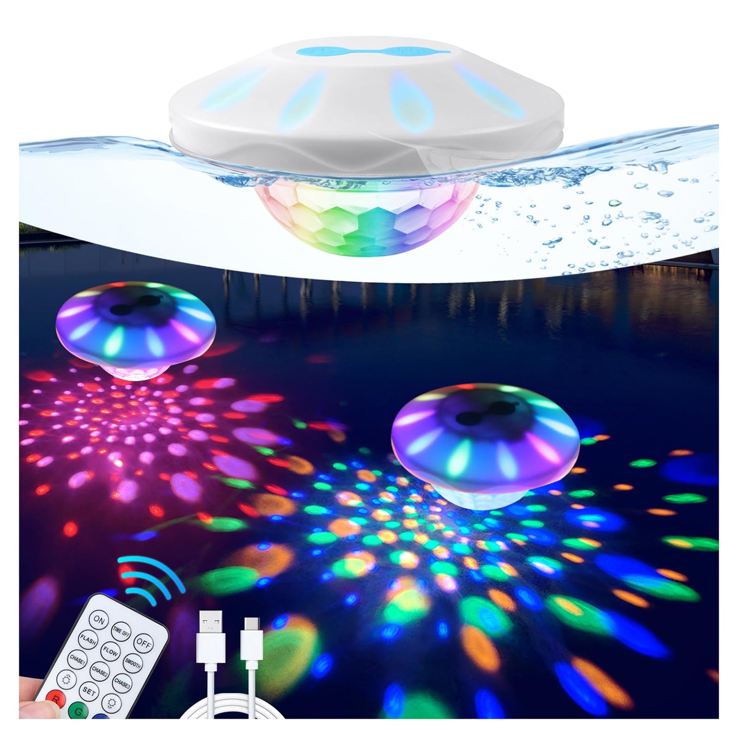 TEPENAR Rechargeable Floating Pool Lights: Remote Control Pool Lights that Float with 6 Dynamic Lighting IP68 Waterproof RGB Upper and Lower Floating Lights for Hot Tub Pool Garden Party 1 Pack