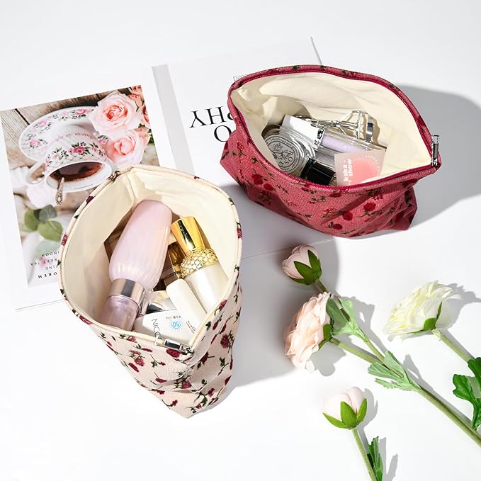 SOIDRAM 2 Pieces Rose Makeup Bag Large Corduroy Cosmetic Bag Capacity Canvas Travel Toiletry Bag Organizer Cute Makeup Brushes Aesthetic Accessories Storage Bag for Women, Rose L White Pink
