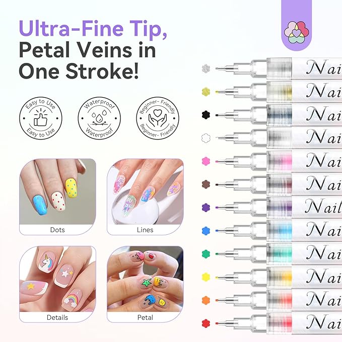 SAVILAND Nail Art Pens Set: 12 Colors 0.5MM Quick-Drying 3D Nail Polish Pens Ultra-Fine Tip Paint Markers for Precise Dotting, Liner & Detailing Design for Beginners, DIY Home Salon Manicure Supplies