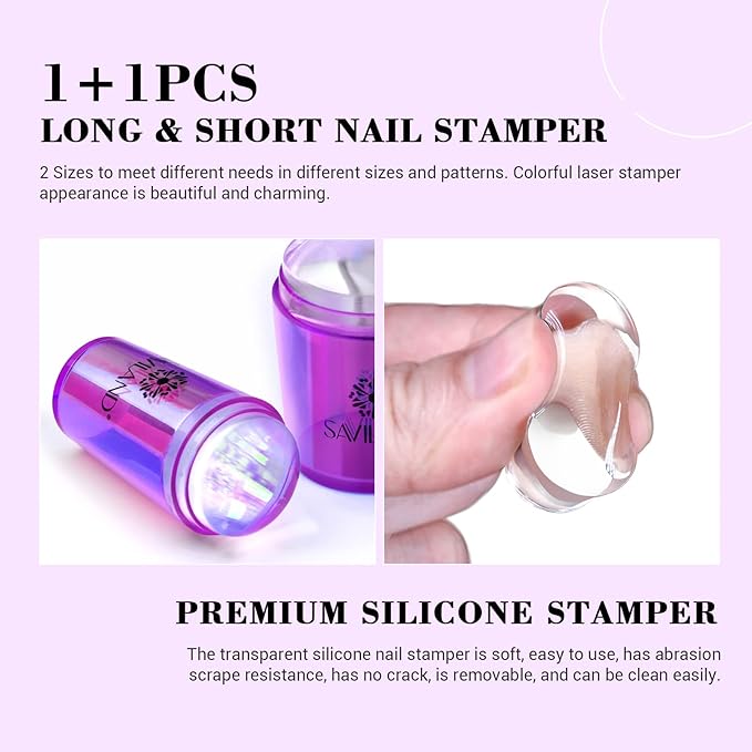 Saviland French Tip Nail Stamp: 5PCS Purple Radium Jelly Stamper Nail Art Stamper Kit, Long & Short Clear Silicone Nail Stamping with Scrapers Nail Stamp for French Manicure