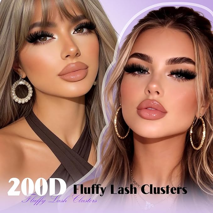 B&Q Fluffy Lash Clusters Thick 200D, Volume Eyelash Clusters 10-18mm, D Curl Cluster Eyelash Extensions, Supersoft Individual Lashes Wispy Cluster Lashes Dramatic Full Look Eyelash（200D）