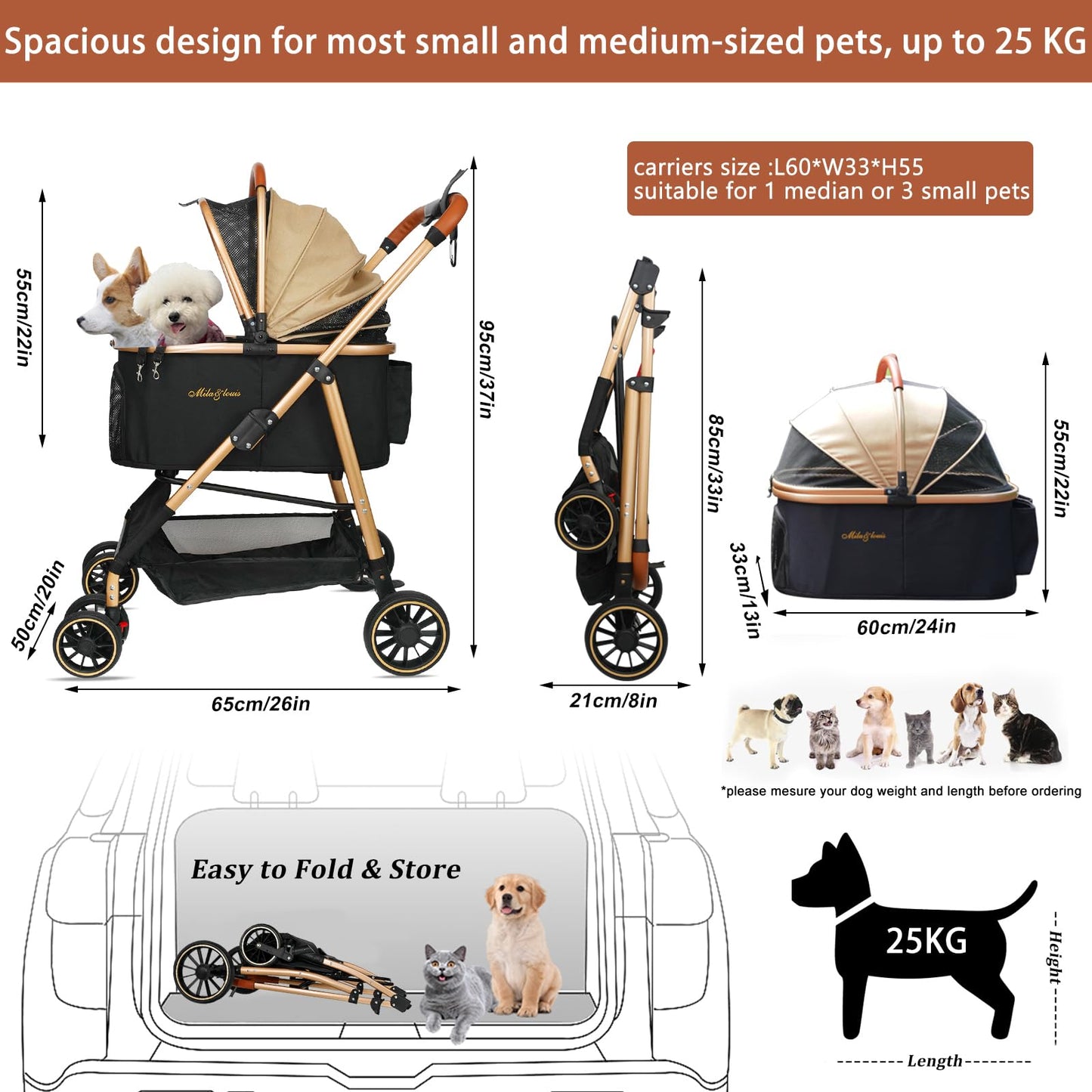 MILA&LOUIS Dog Stroller, 24" Pet Cradle, Lightweight & Stylish Pet Stroller for Small and Medium Pets, 33 Lbs Capacity with Cup Holder, Hook, Detachable Aluminum Cradle (Khaki)