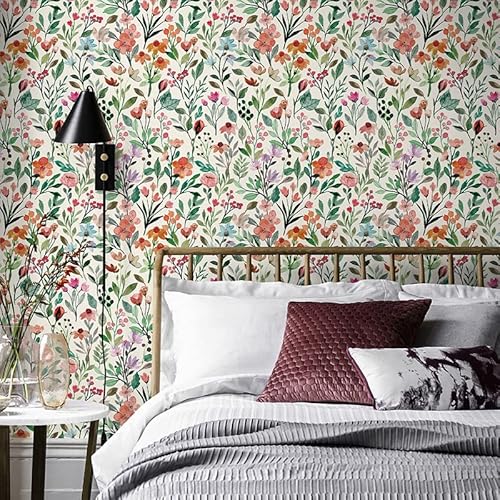 17.32"x118" Floral Wallpaper Peel and Stick Boho Textured Wall Paper for Bedroom Bathroom Renter Friendly Waterproof Pink Watercolor Modern Wallpaper for Kitchen Cabinet