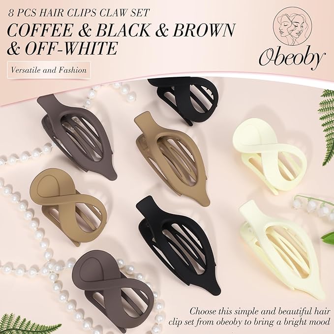 Obeoby 8 PCS Flat Claw Clips for Women, 2 Types French Flat Hair Clips for Medium Hair Volume Barrettes Medium Large (Neutral)
