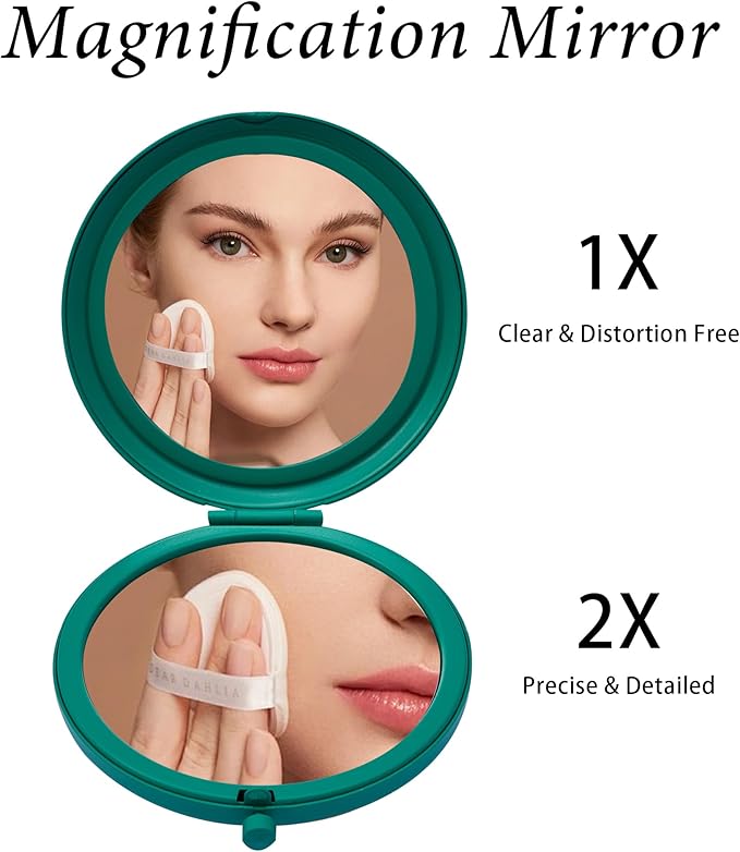 Compact Mirror for Purse, Metal Round Shell, Double-Sided 1X/2X Magnifying, Portable Travel Makeup Mirror, Mini Pocket Mirror, Peacock Green, 2 Packs