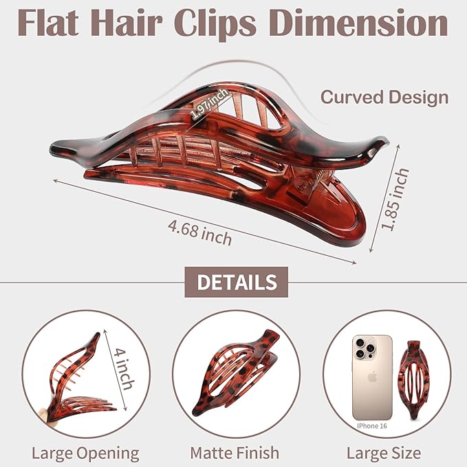 9 Pack Flat Hair Clips for Women, Matte Claw Clips for Thick & Thin Hair (Tortoise)
