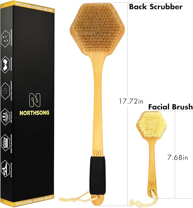 NORTHSONG Deep Cleaning Body & Face Scrubber Set Extra Long17.72Inch Bamboo Back Brush with Wild Boar Bristles&Gentle Facial Cleansing Brush for All Skin Types Ideal for Elderly, Sensitive Skin