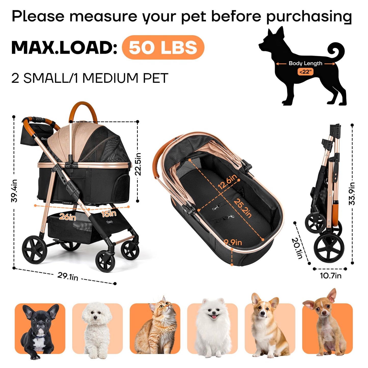 Dog Cat Stroller for Small/Medium Pets up to 50 lbs, 3-in-1 Foldable Pet Stroller with Detachable Carrier, Car Seat, Storage Basket, Cup Holder, Hanging Bag, Rain Cover, All-Terrain 4 Wheels (Khaki)