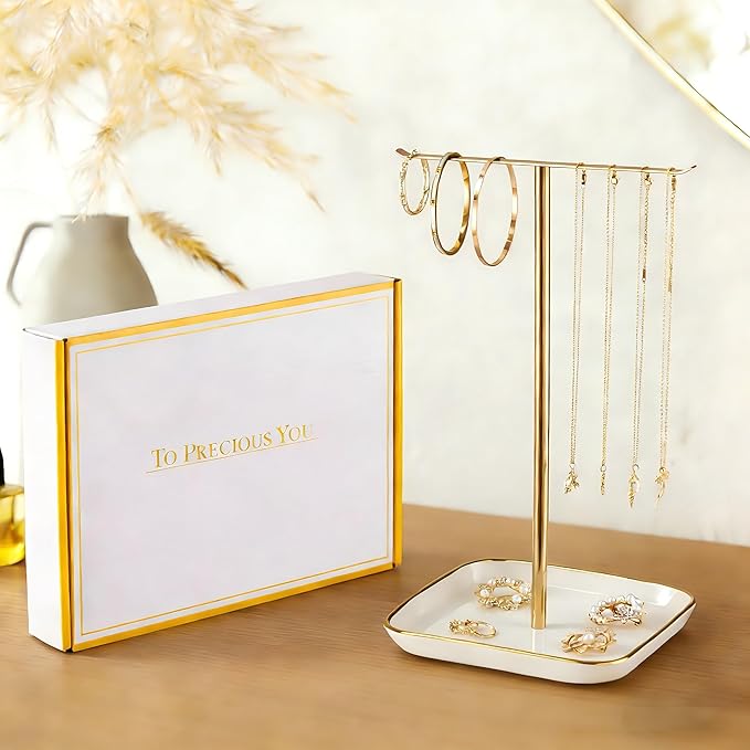 Jewelry Holder Stand with Ceramic Base: 12" Tall Necklace Organizer Rack, Tree Design Display Storage for Necklaces, Bracelets, Rings, Earrings, Aesthetic Room Décor for Girls and Women, Gold