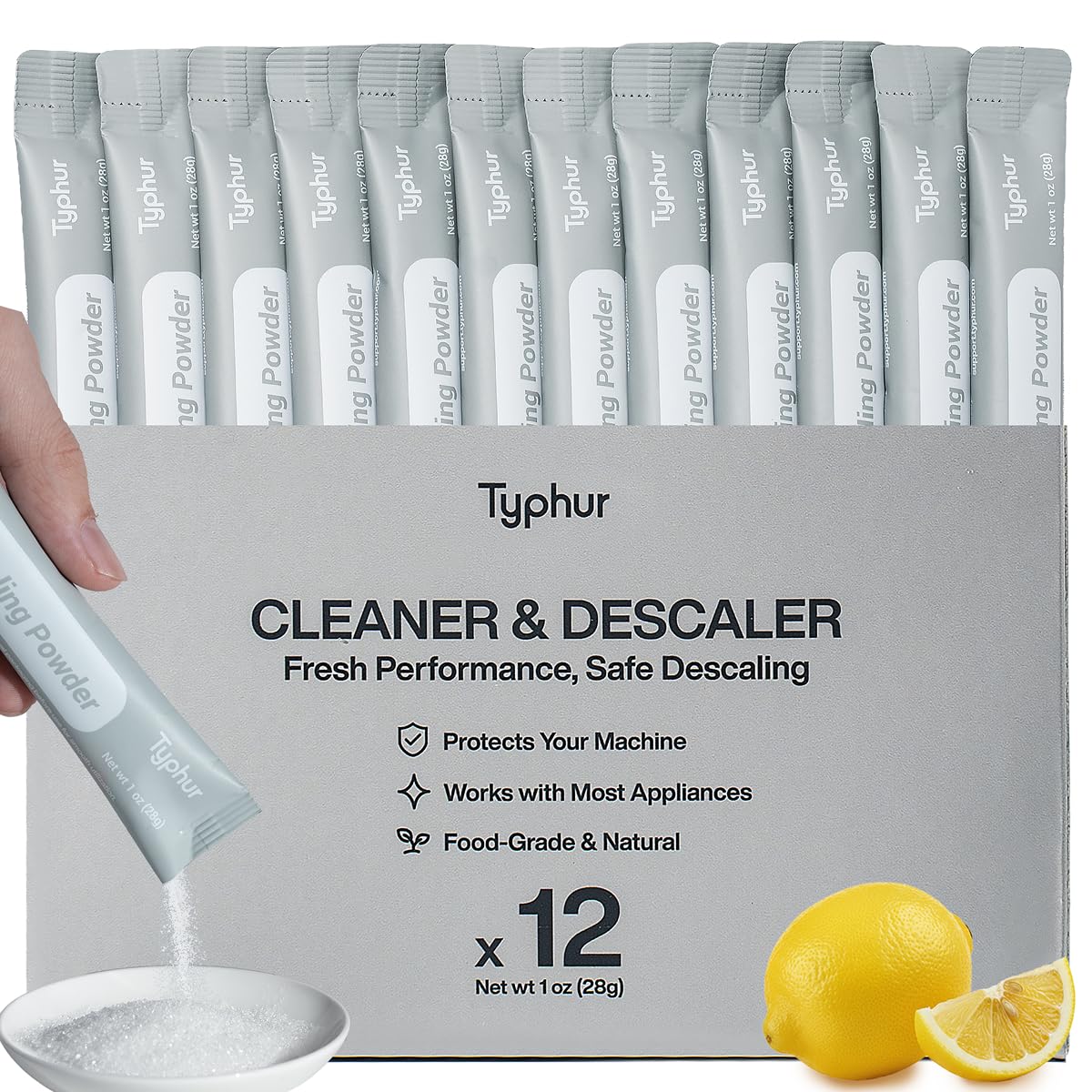 Typhur Ice Maker Cleaner and Descaler, 12 Packs Pure Citric Acid Powder, Universal Descaling Solution Nickel Safe for Countertop Ice Machines, Also Compatible with Coffee Makers and Kettles