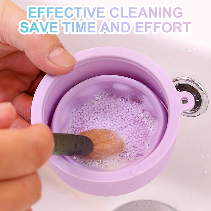Makeup Brushes Cleaner Mat with Brush Storage Holder, Folding Portable Washing Tool for Makeup Brush Cleaning, 2 In 1 Silicone Brush Cleaner Pad & Cosmetic Brush Organizer Rack (Purple)