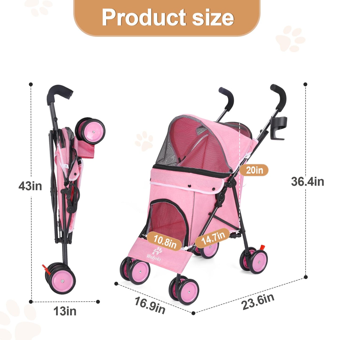 Umbrella Dog Stroller, 4 Wheels Pet Strolling, Foldable Carrier Pet Stroller for Small Dogs Cats, with Carrying Strap and Cup Holder, Dog Poop Bags & Dispenser, Up to 33 lbs, Pink