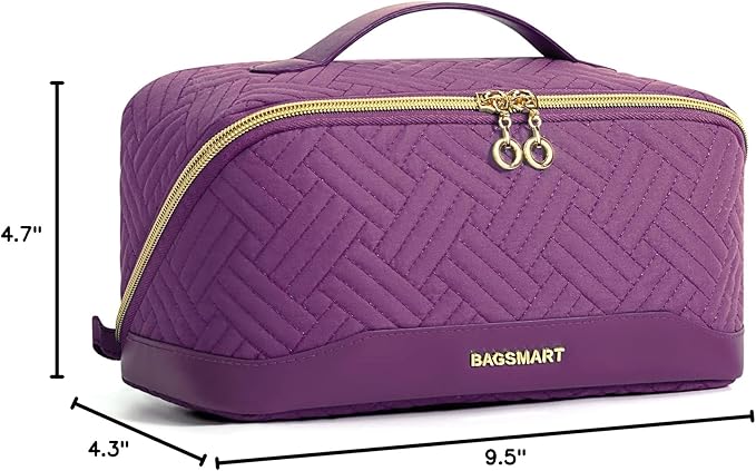 BAGSMART Makeup Bag Cosmetic Bag, Travel Makeup Bag,Water-resistent Makeup Bags for Women Portable Pouch Open Flat Make Up Organizer Bag for Toiletries, Brushes, Purple