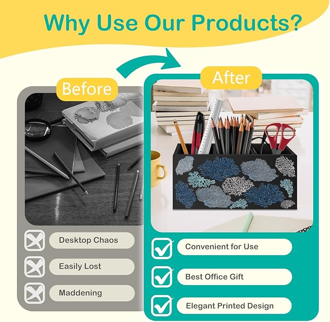 Coastal Beach Coral Pen Pencil Holder for Desk, Beach Office Decor, Ocean Nautical Blue Coral Wooden Box Decorative Sign for Home Office Desk Tabletop Decor