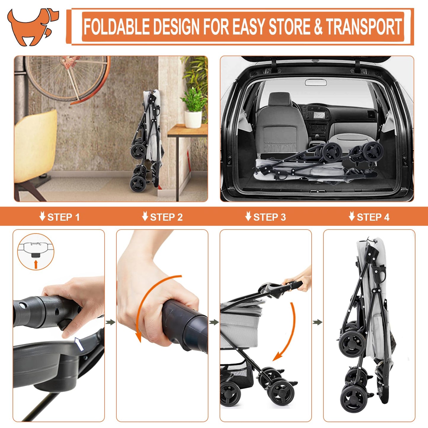 LPOTIUS 3-in-1 Pet Stroller for Small Dogs and Cats, Folding Lightweight Dog Stroller with Detachable Carrier Portable Cat Puppy Jogging Stroller with Cup Holder and Storage Basket, 4 Wheels