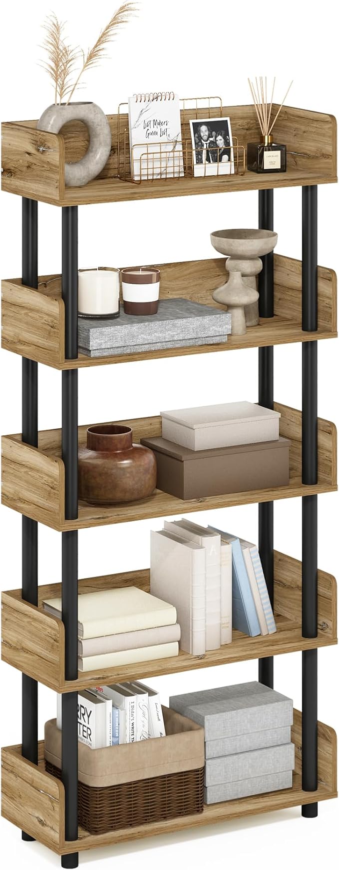 Furinno TURN-N-TUBE 5-Tier Display Shelf, Storage Shelves, Book Shelf, Open Shelves with Rounded Corner Top Edges, for Organization and Storage, Living Room, Home Office, Flagstaff Oak