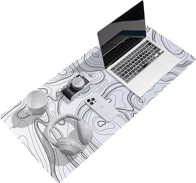 Waterproof Large Gaming Mouse Pad with Durable Stitched Edges, Non-Slip Rubber Base, Grainy Jacquard Mouse Mat Desk Pad for Home Office Gaming, 31.5''x11.8''x0.12'', Topographic Map White