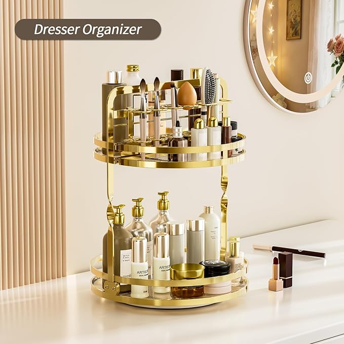 360ÃÂ° Rotating Makeup Organizer, 2-Tier Gold Perfume Organizer for Dresser, Bathroom Organizers Countertop, Perfume Shelf with Makeup Brush Holder, Skincare Holder Cosmetic Display(Gold)