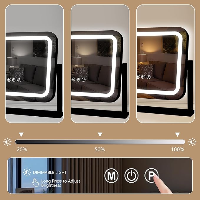 Black Vanity Mirror with Lights 14"×12", Led Makeup Mirror, Lighted Makeup Mirror with 3 Color Dimmable Lights, Smart Touch Screen Control, 360°Rotation