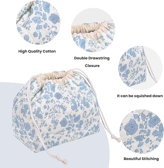 Large Makeup Bag, Cute Drawstring Cosmetic Bag with Canvas Lining, Floral Coquette Aesthetic Toiletry Bag, Travel Make Up Organizer Bag for Women and Girl (Blue Flower)
