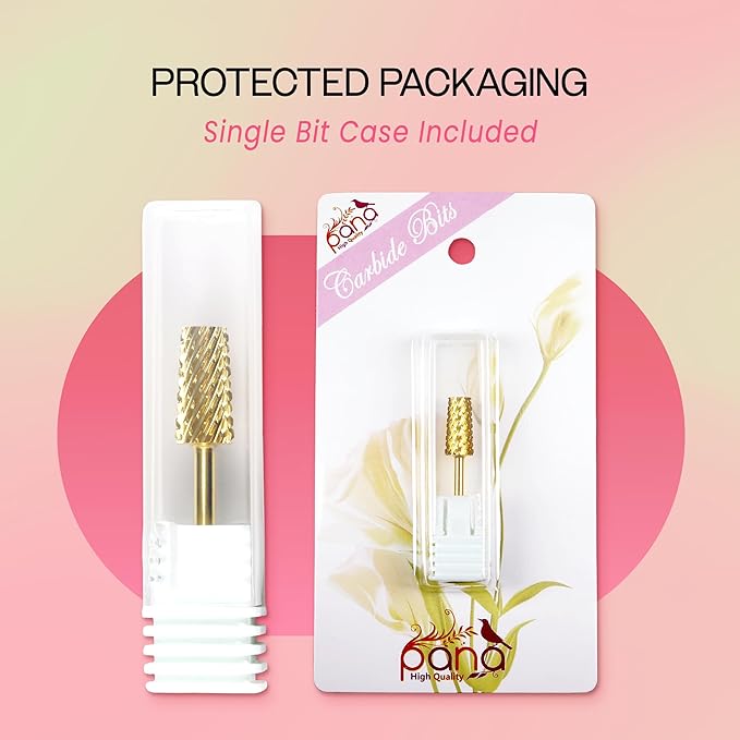 PANA Tapered Barrel Carbide 3/32" Shank Size - (Gold, Coarse Grit) - Fast remove Acrylic or Hard Gel Nail Drill Bit for Manicure Pedicure Salon Professional or Beginner