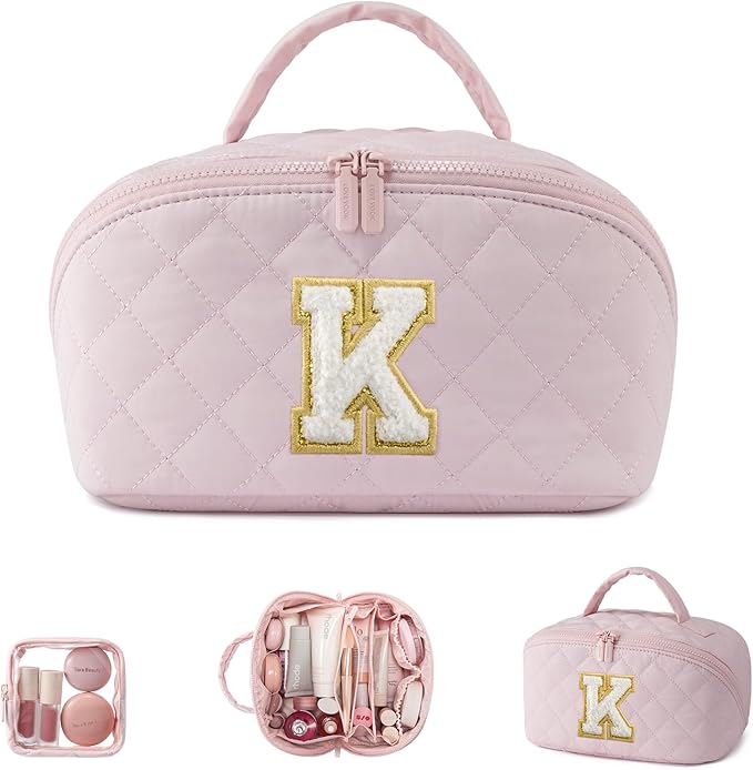 LOVEVOOK Travel Makeup Bag for Women, 2Pcs Puffer Waterproof Cosmetic Organizer, Large Capacity Pouch Open Flat Small Toiletry Bag with Brush Compartment & Handle (Pink-k, Medium)