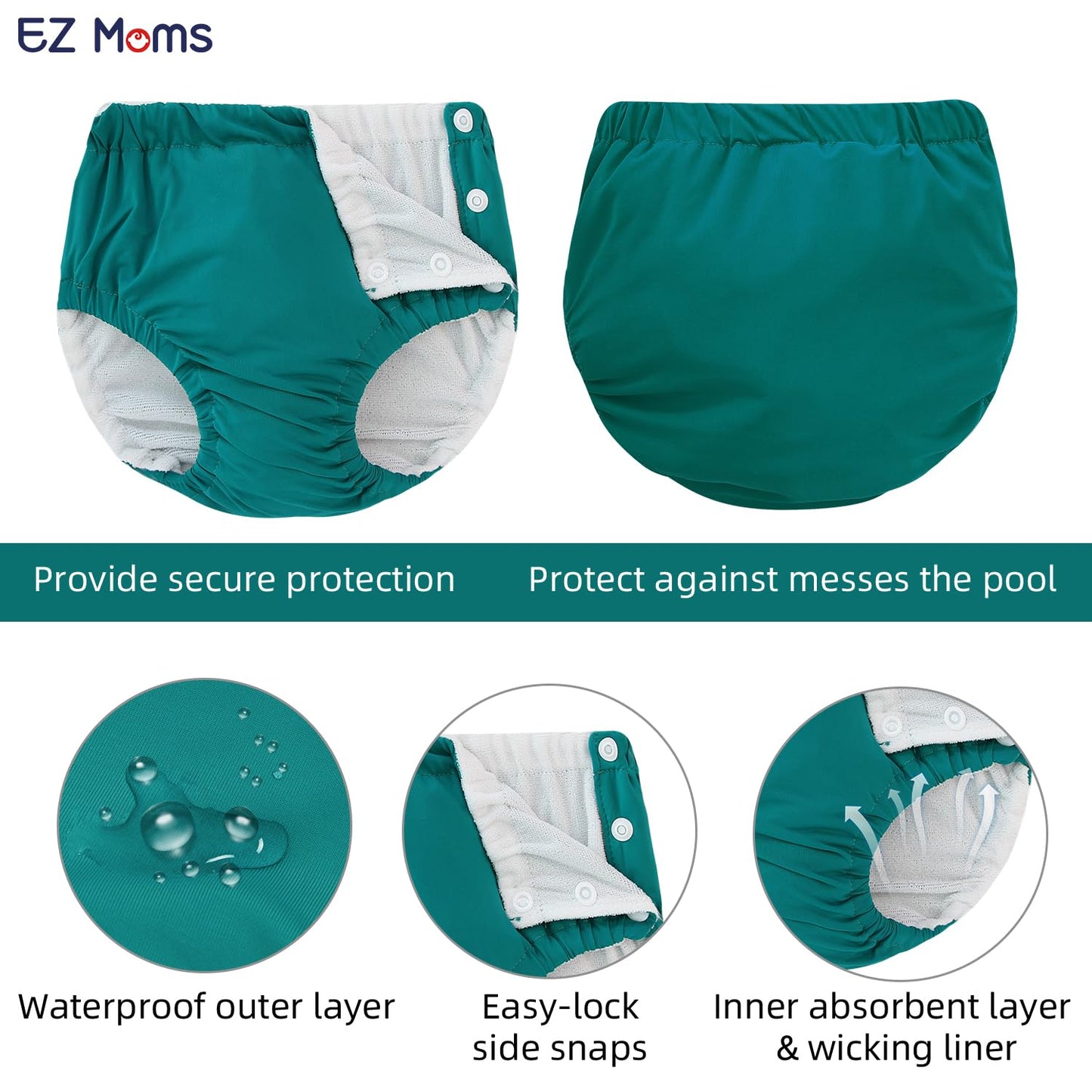 EZ Moms 2 Packs Reusable Swim Diapers Toddler Baby Swim Diaper Size 2 Washable Snap Pool Swimming Diaper 2T Soft and Silky Waterproof Diapers for Swimming Lessons Boys and Girls with a Laundry Bag