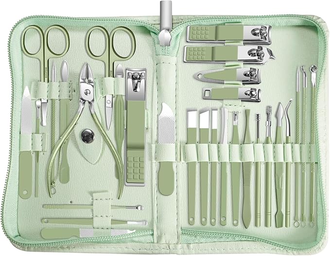 Manicure kit Personal Care Mens Grooming Kit, 30 in 1 Professional Nails Kit Pedicure Kit, Nail Clippers for Men and Nail Tools Portable Set, with Luxurious Travel Case (Green)