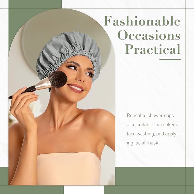 Reusable Shower Cap for Women, Large Waterproof Shower Bonnet with Elastic Band, Washable Bath Hair Cap for Long, Curly Hair, Braids, Daily Shower, Home Spa, Travel(Dark Grey)