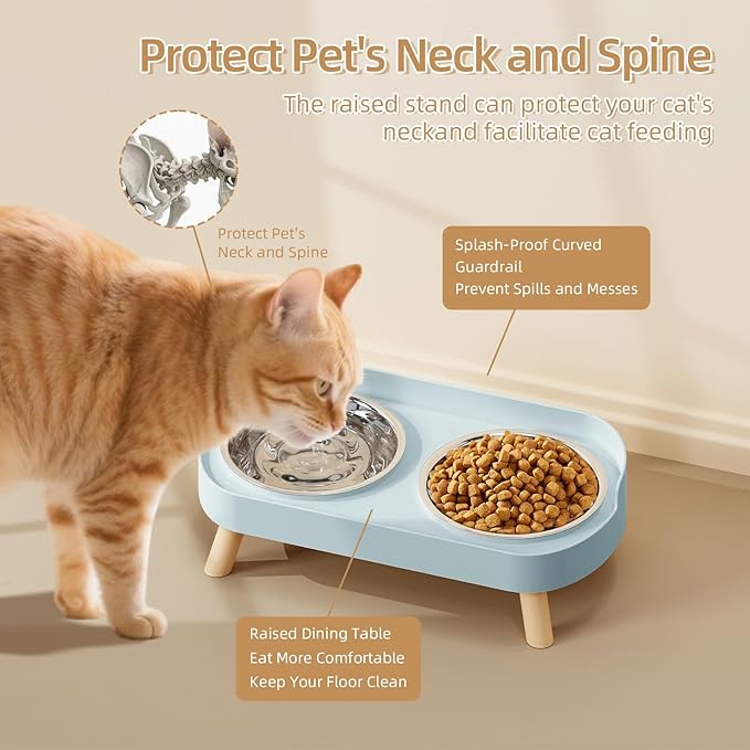 Elevated Cat Bowl, Raised Cat Food and Water Bowl Set for Indoor Cats, Splash Proof with 2 Stainless Steel Pet Food Bowls for Cats and Puppies, Whisker Fatigue and Dishwasher Safe - Blue