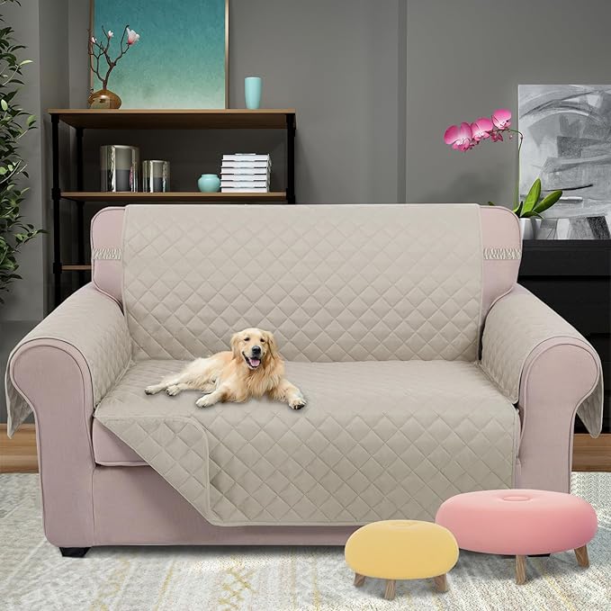 U-NICE HOME Loveseat Sofa Cover Reversible Couch Covers for 2 Cushion Couch for Dogs Furniture Protector Cover with Elastic Straps Water Resistant(Loveseat Small, Beige/Beige)