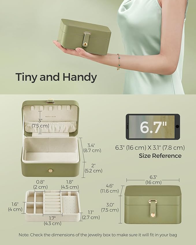SONGMICS Jewelry Organizer Box, Travel Jewelry Case, 2-Layer Travel Case for Earrings, Necklaces, Bracelets - Portable Jewelry Storage with Large Capacity, Gift Idea, Laurel Green UJBC166C02