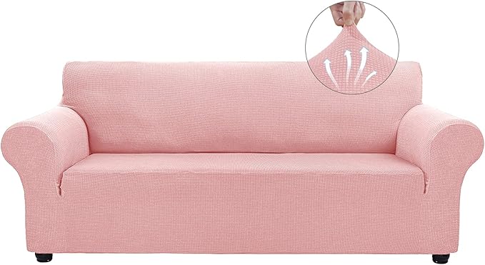 Asnomy Couch Covers for 3 Cushion Couch Stretch Sofa Covers Slipcovers, Pet Protector Furniture Covers for Dogs Cats Spandex Jacquard Fabric Small Checks （Large，Pink）