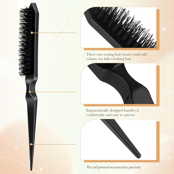 Yaomiao 6 Pcs Teasing Brush for Fine Hair Nylon Rat Tail Brush Set Women Three Row Salon Teasing Set for Back Combing, Root Hair Scalp Massage(Black)