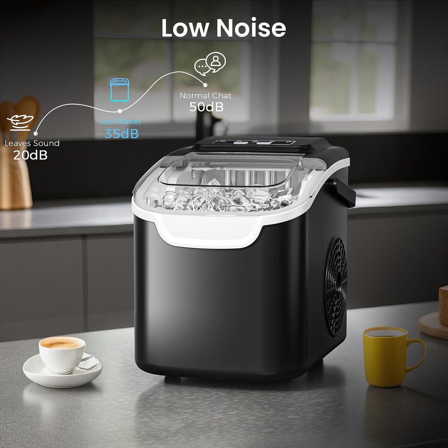 Countertop Ice Maker Machine – 8 Bullet Ice in 6 Mins, 26.5lbs/24Hrs Output – Self-Cleaning Portable Design with Selectable Ice Size & Touch Display for Home/Office/Bar