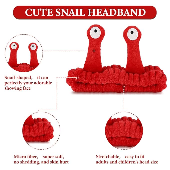 Face Wash Headband, Palm and Snail Spa Hair Bands Makeup Headbands Women Cartoon Cute Coral Fleece Elastic Headband Creative Hair Accessories for Washing Face Shower Sports (Red)