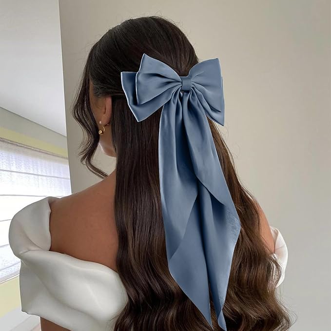 6Pcs Large Bows Hair Clips for Women Girls Long Tail Hair Ribbon Silky Satin Barrettes Coquette Bows Accessories (Black/Skyblue/Grayblue)