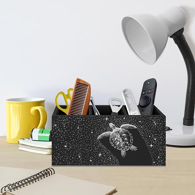Turtle Beach Pen Pencil Holder for Desk Accessories, Dark Starry Night Animal Coastal Wooden Box Decorative Sign for Home Office Desk Tabletop Decor