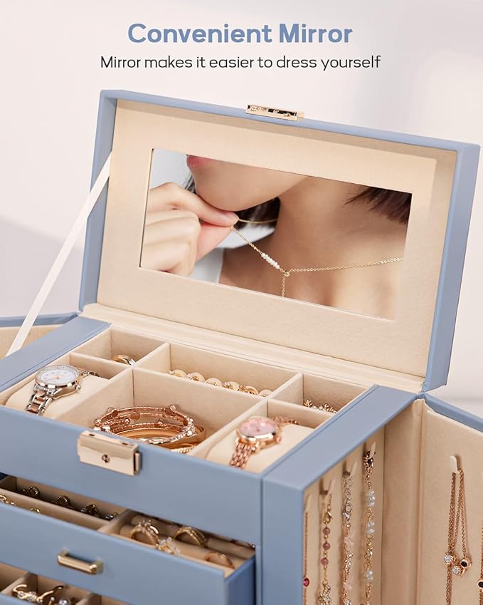 Homde Synthetic Leather Huge Jewelry Box Mirrored Watch Organizer Necklace Ring Earring Storage Lockable Gift Case (Grey Blue + Gold)