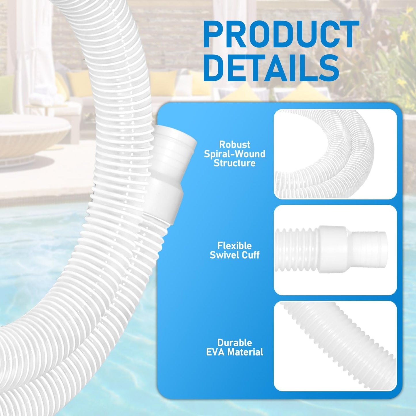 Conderyang 2 Pack 1.25×59in EVA Pool Professional Hoses with 2026 Upgrade Flexible Tube Head and 4 Metal Clamps for Above Ground Pools Pump Replacement Hose Pool Supply for Heavy Duty Hose (White)