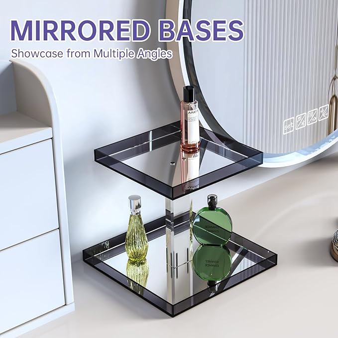 NiHome Acrylic Perfume Display Organizer, 2-Tier Cologne Organizer, Makeup Holder with Mirrored Base, Handmade Vanity Storage Versatile Countertop Tray for Cosmetics Toiletries, Gray
