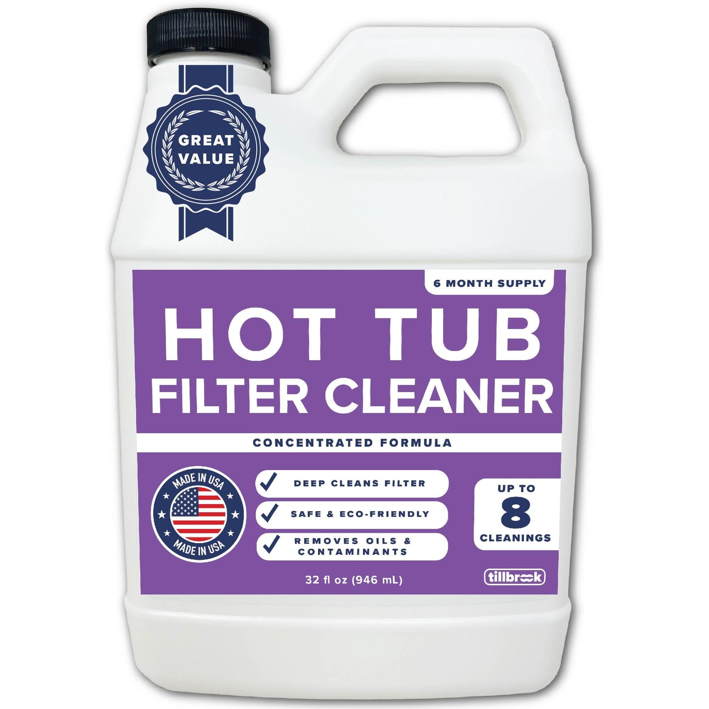 Hot Tub Filter Cleaner - 6 Month Supply - 4 to 8 Uses - 32 oz Spa Filter Cartridge Cleaner - Hot Tub & Pool Filter Cleaner Soaking Solution - No Residue or Foam - Restores Filter - Safe & Non-Toxic