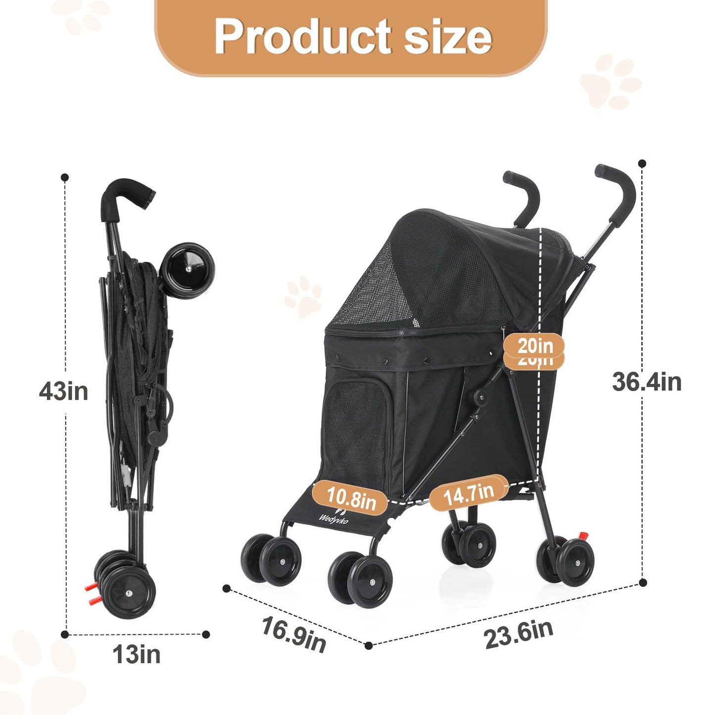Wedyvko Travel Portable Dog Stroller, Pet Stroller for Small Puppy Dogs & Cats, Up to 33 lbs, Black