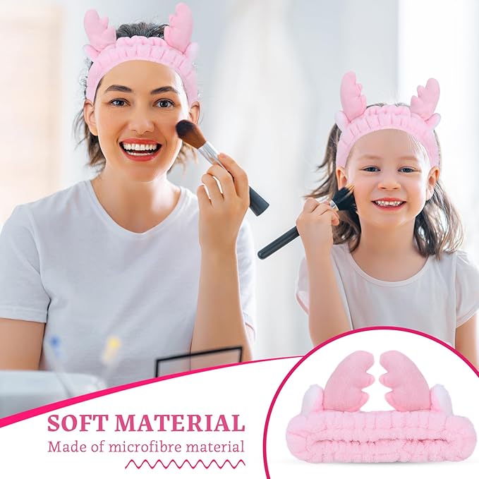 Jowmoy Cute Pink antlers Headband Frog Eye Elastic to Wash Face for Women Makeup Shower Spa.