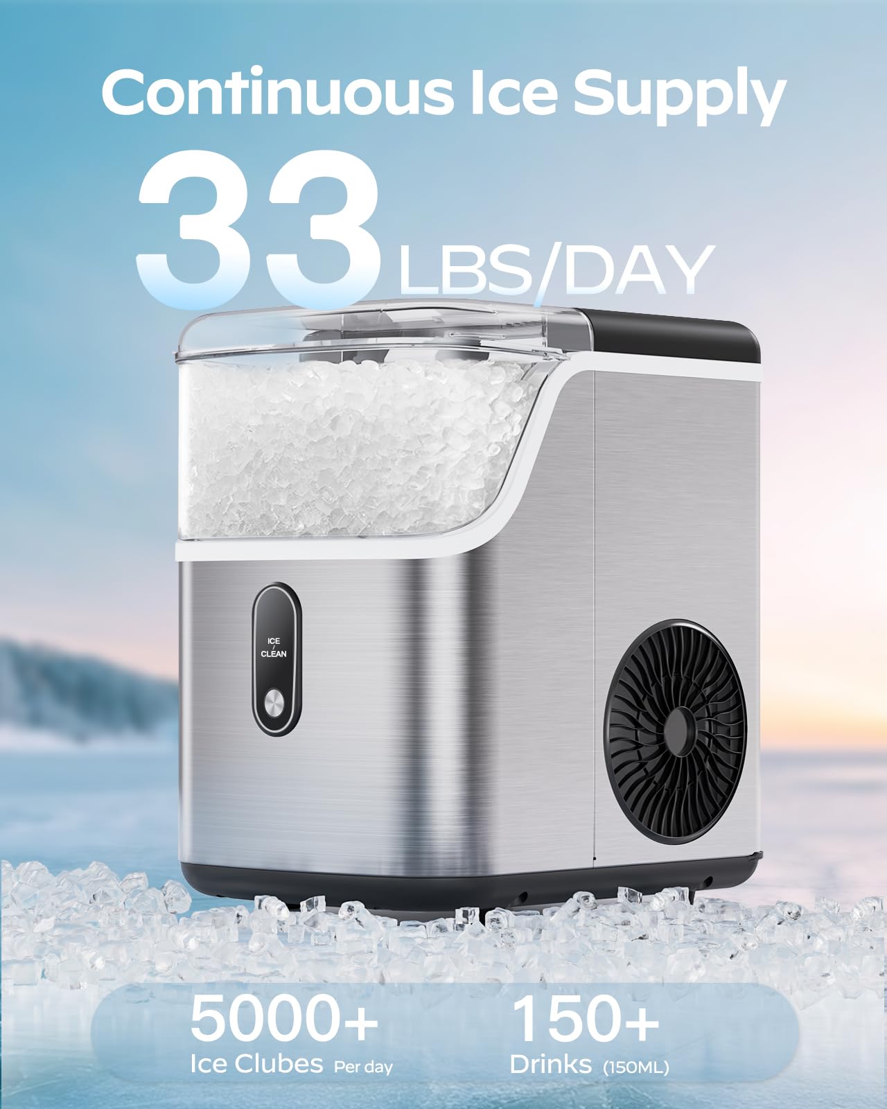 Nugget Ice Maker Countertop, HOMEZAY Pebble Ice Maker with Soft Chewable Pellet Ice, 33 lbs per Day, Compact Ice Machine with Self-Cleaning & LED Indicator for Home, Kitchen, Camping, RV, Office