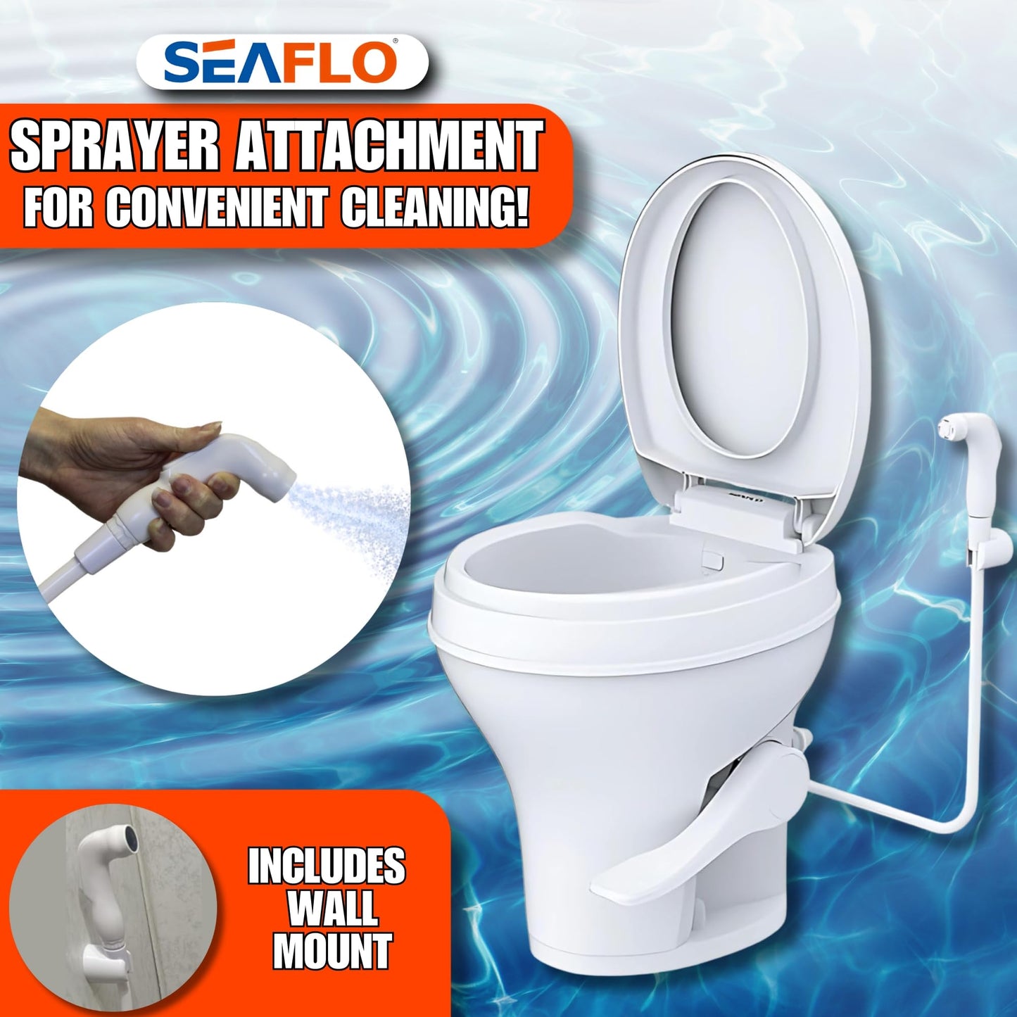 SEAFLO RV Toilet with Sprayer Attachment - White, 18.4” Residential Height, Gravity Flush Foot Pedal Camper Toilet Soft Close Seat Elongated Bowl Motorhome, 4-Year Warranty, SFRTPH-01-02