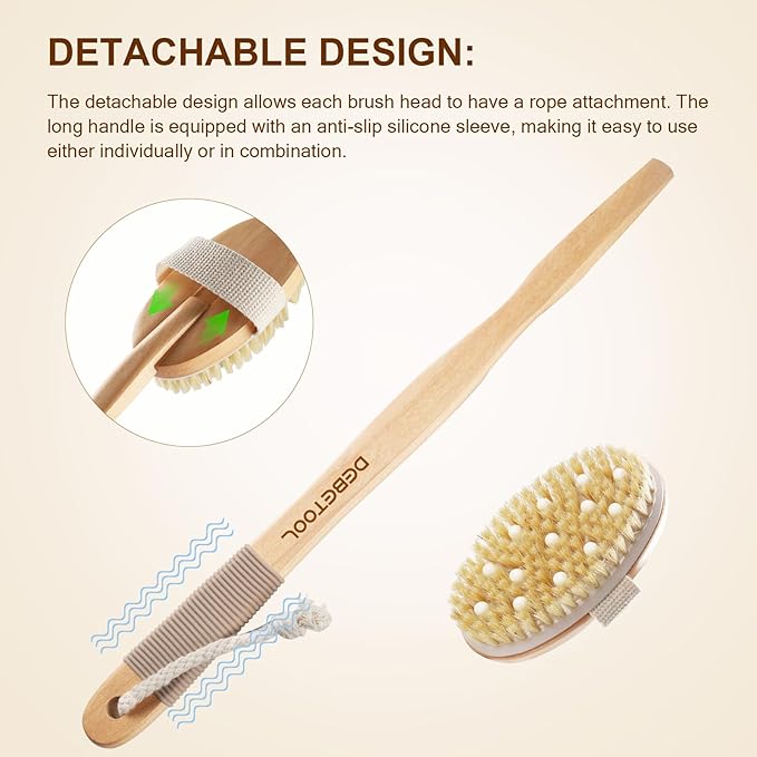 Dry Brushing Set - Natural Boar Bristle Body & Face Brush, Wooden Long Handle Scrub Brush for Cellulite & Lymphatic Drainage Body Care, Detachable, 3 Brush Heads