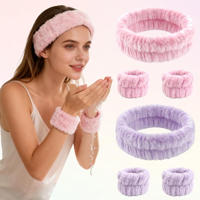 2 Pack Spa Headband and Wristband Set, 2 Hairbands & 4 Wrist Cuffs for Face Washing, Skincare, Makeup, Microfiber Absorbent Wrist Towels and Face Wash Headbands for Women Girls